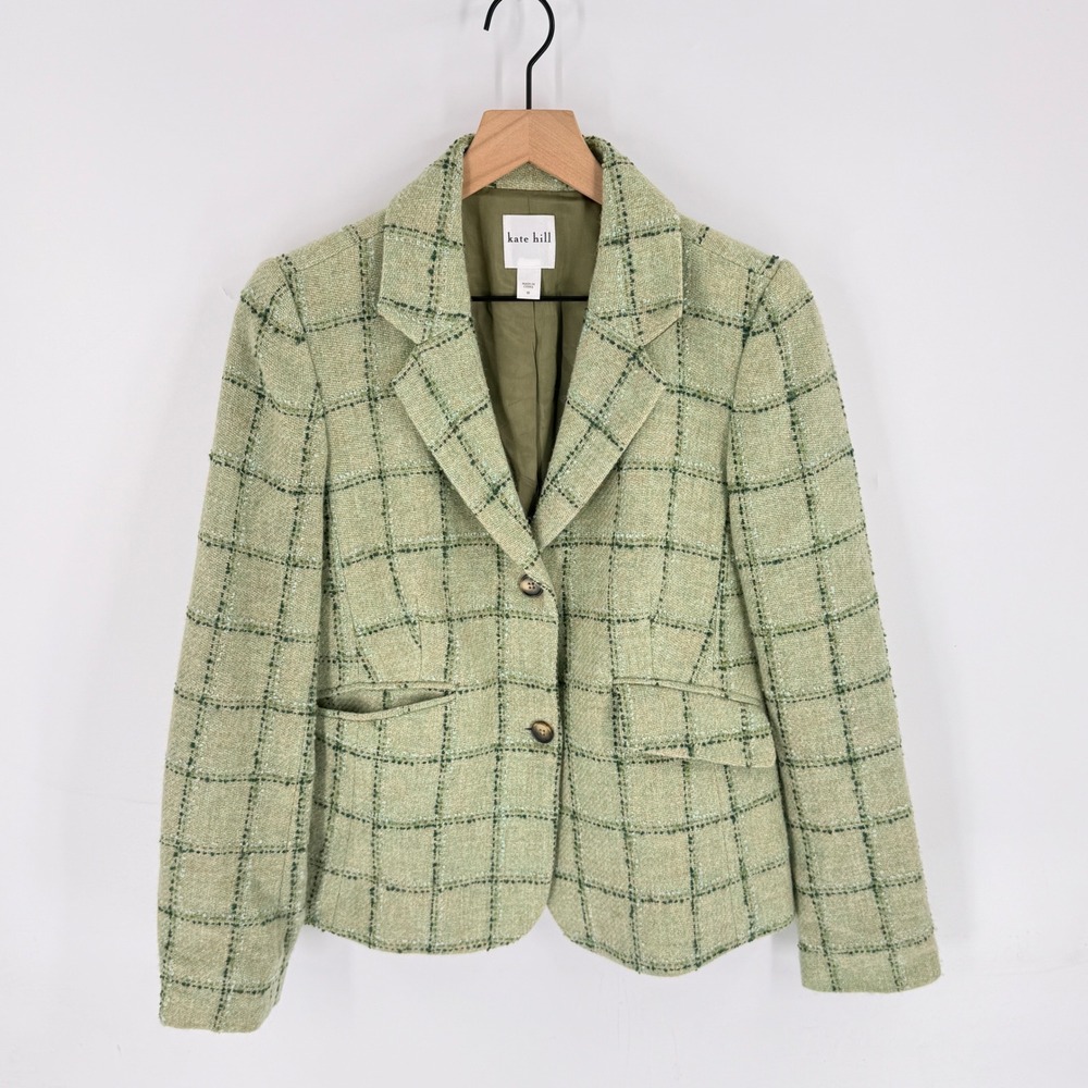 Kate Hill Light Green Windowpane Tweed Blazer
